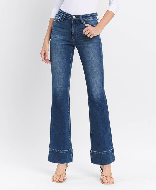 HIGH RISE DARK WASH TROUSER HEM BOOTCUT JEANS T6641