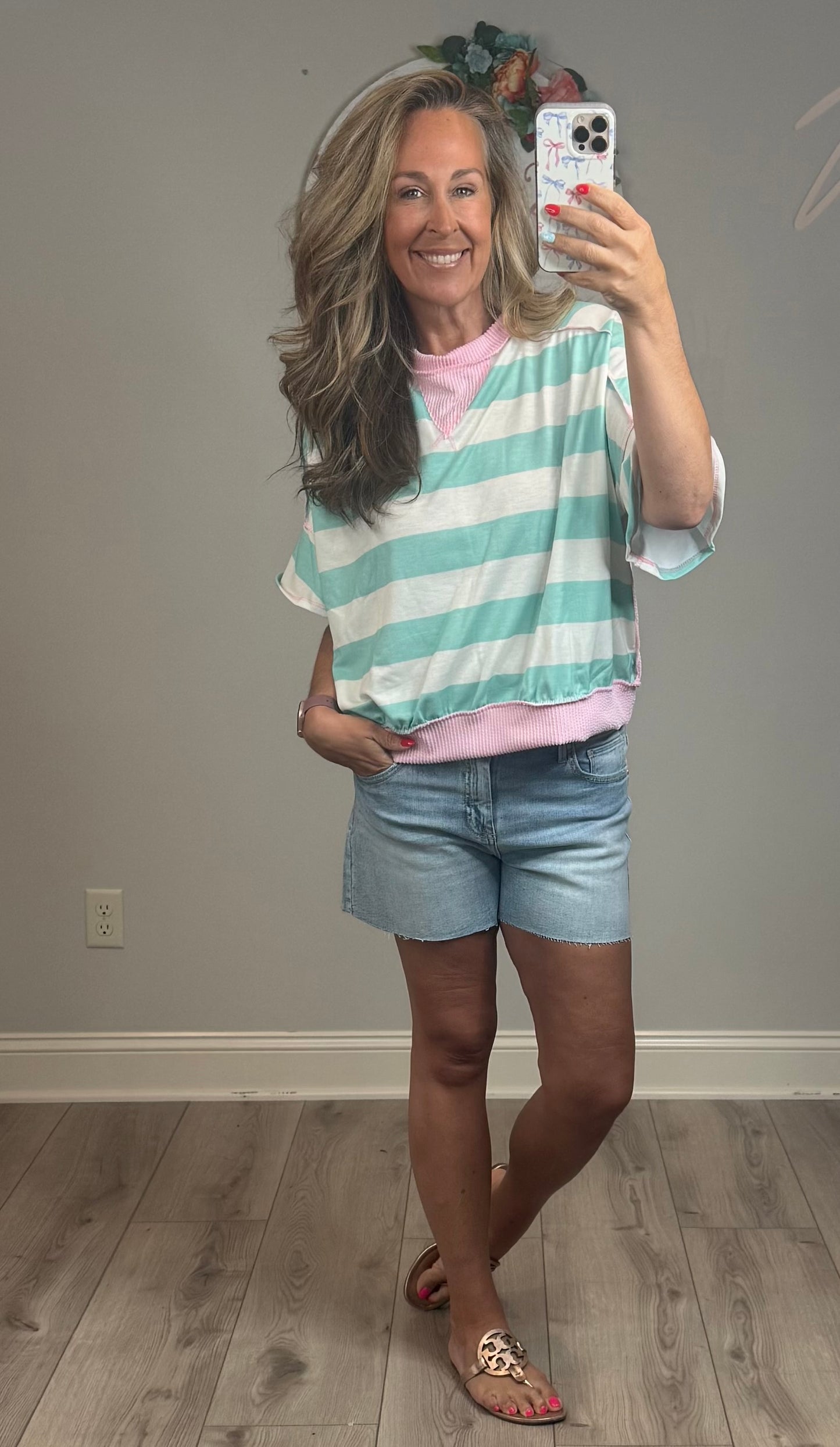 Flutter Elbow Sleeve Stripe French Terry Top
