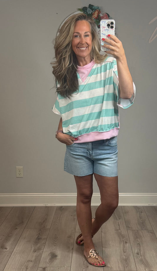 Flutter Elbow Sleeve Stripe French Terry Top