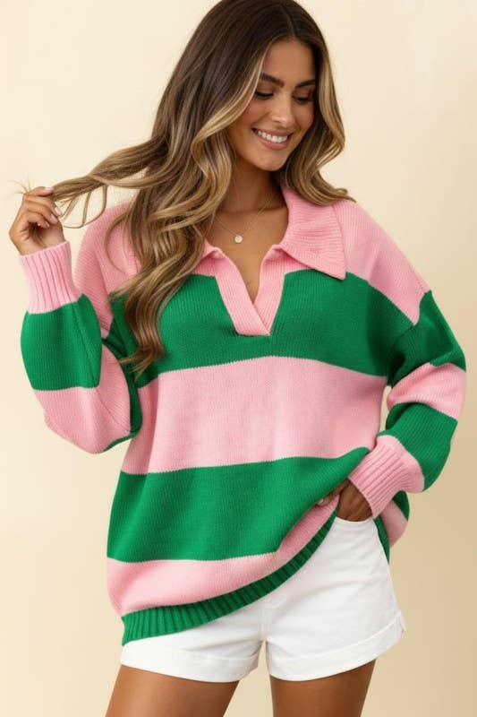 Collared Stripe Color Block Sweater Knit Top