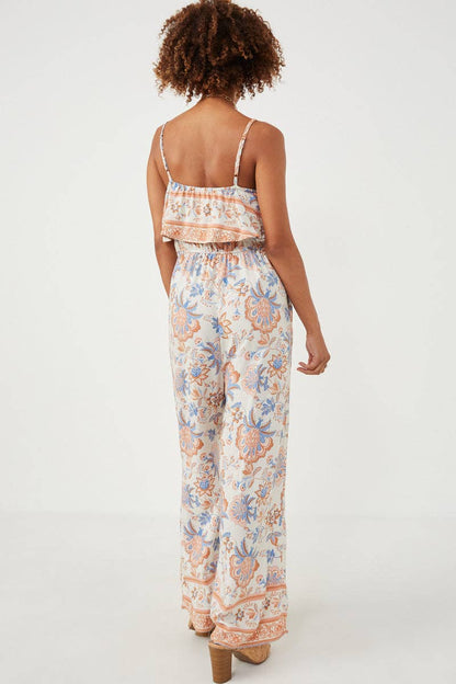 Womens Border Print Wide Leg Layered Jumpsuit