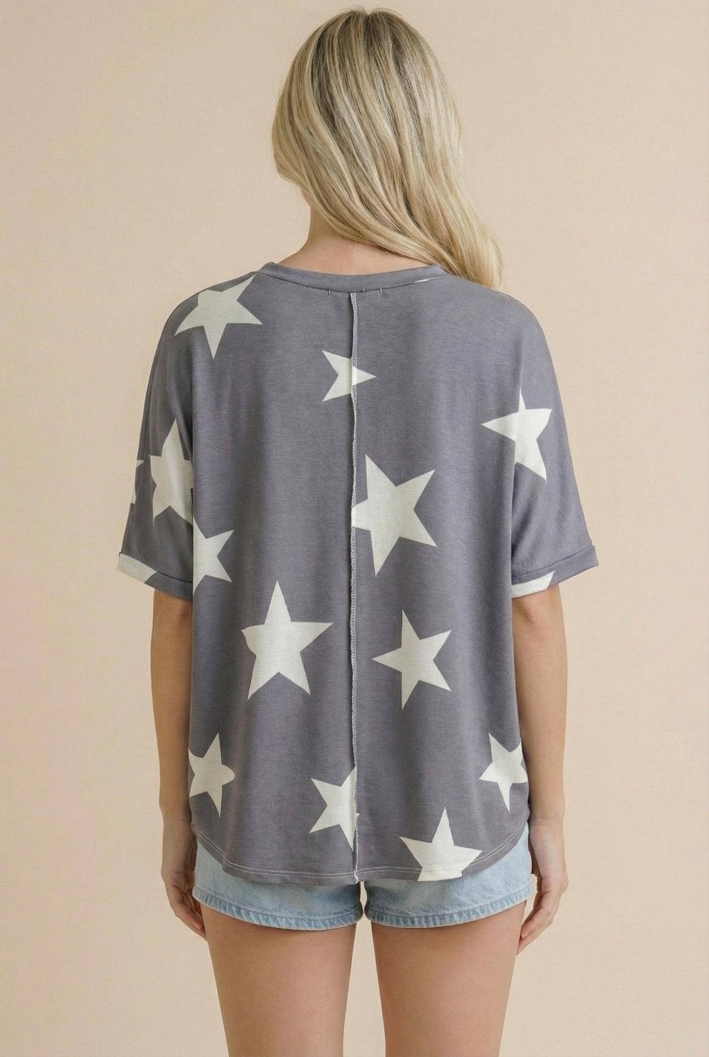 Round Neck Short Sleeve Star Print Knit Top
