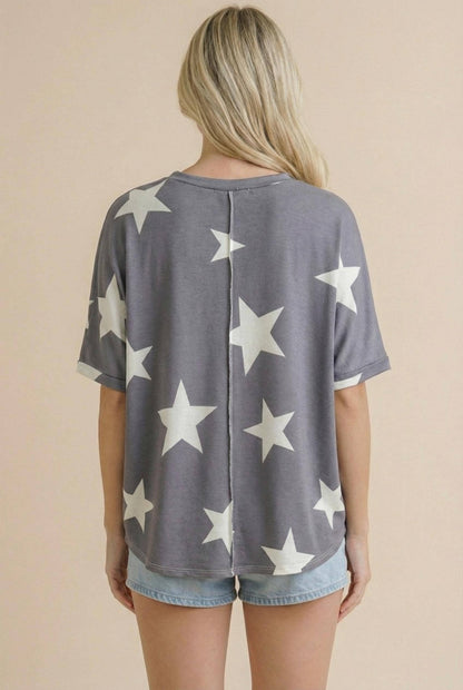 Round Neck Short Sleeve Star Print Knit Top