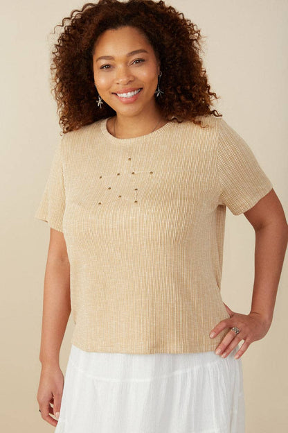 Womens Studded Star Patch Textured Knit T Shirt