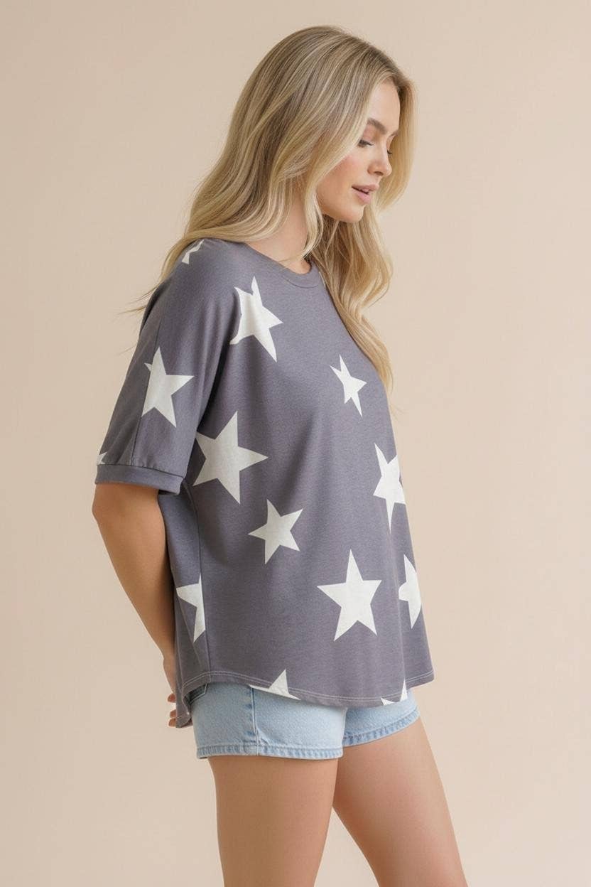 Round Neck Short Sleeve Star Print Knit Top