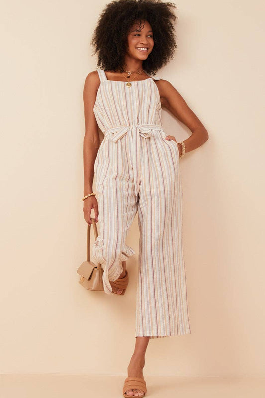 Womens Textured Striped Belted Sleeveless Jumpsuit