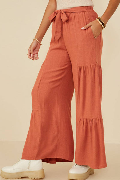 Womens Gathered Detail Belted Textured Wide Leg Pants