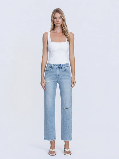 HIGH RISE LIGHT WASH ANKLE STRAIGHT JEANS T7169