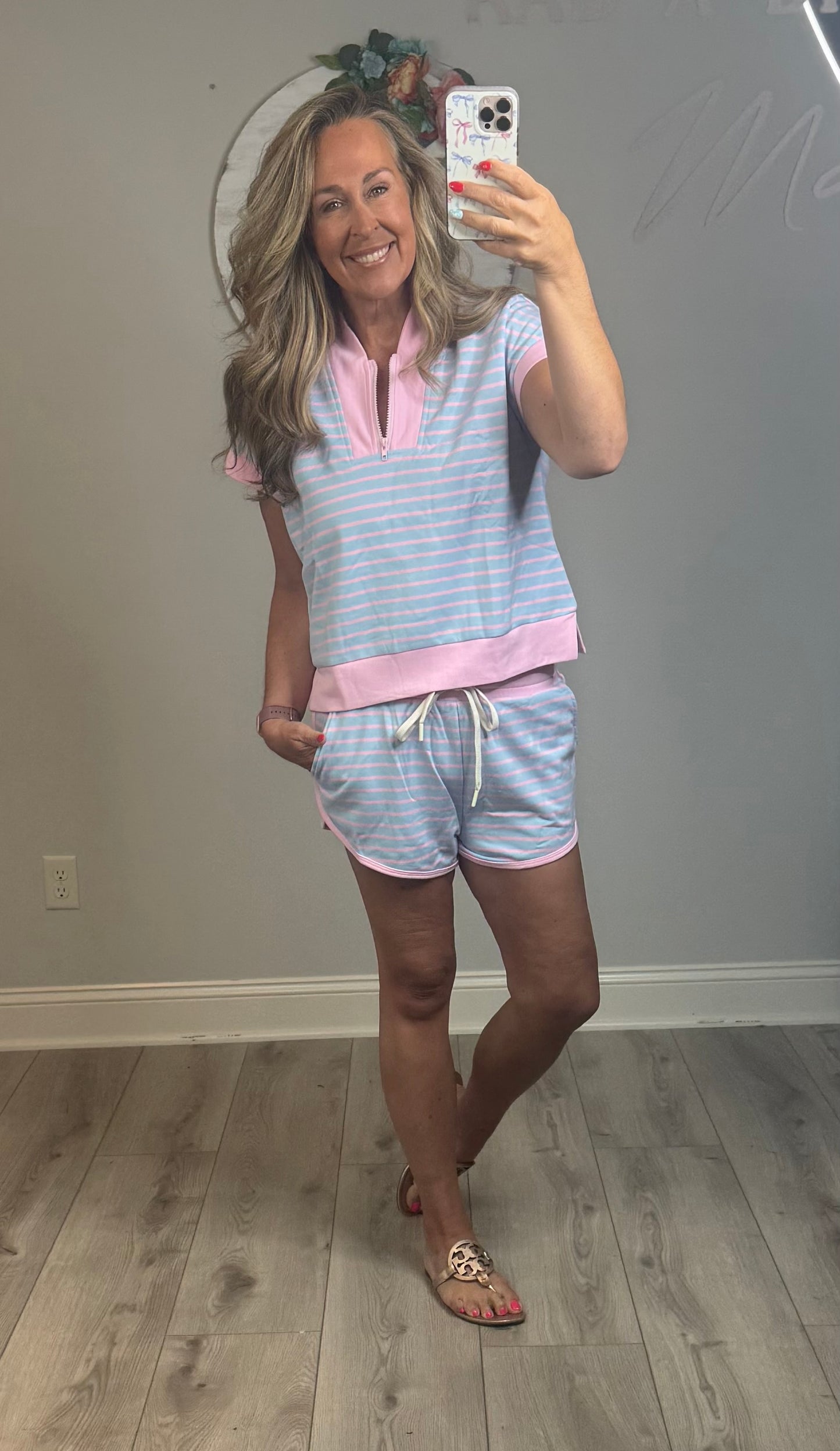 HALF ZIP UP STRIPED TOP AND SHORTS SETS