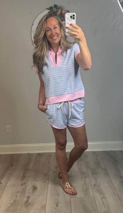 HALF ZIP UP STRIPED TOP AND SHORTS SETS