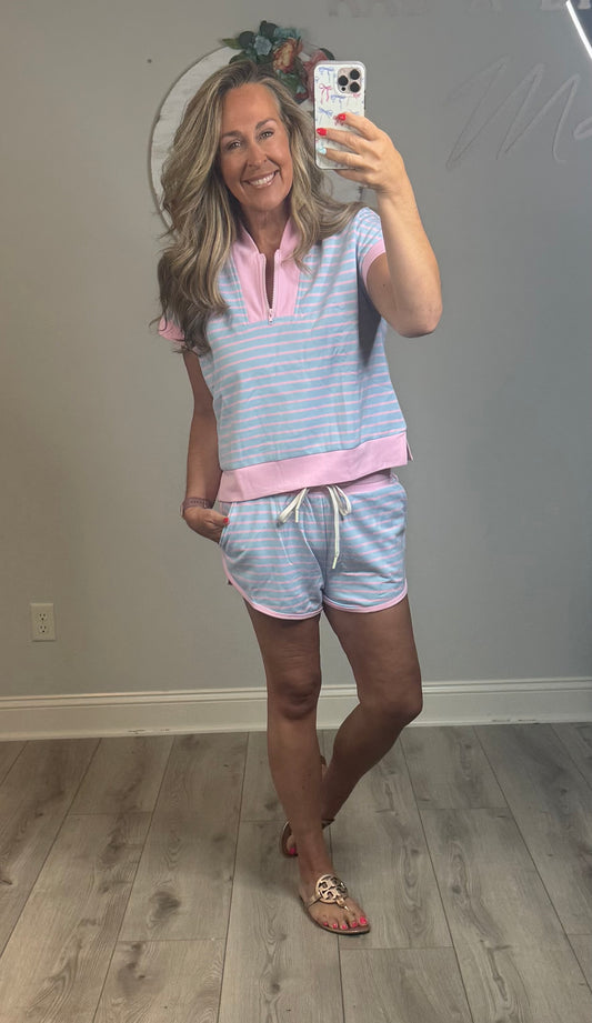 HALF ZIP UP STRIPED TOP AND SHORTS SETS