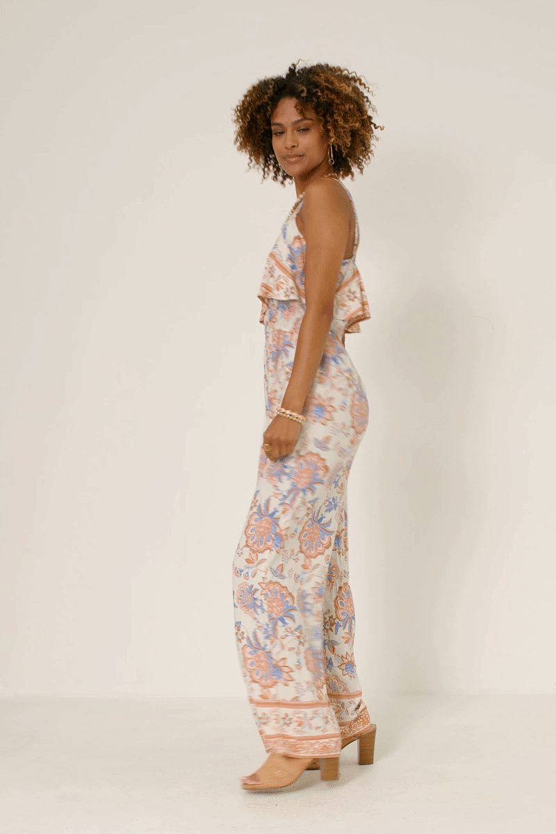 Womens Border Print Wide Leg Layered Jumpsuit