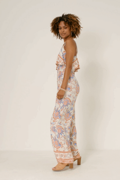 Womens Border Print Wide Leg Layered Jumpsuit