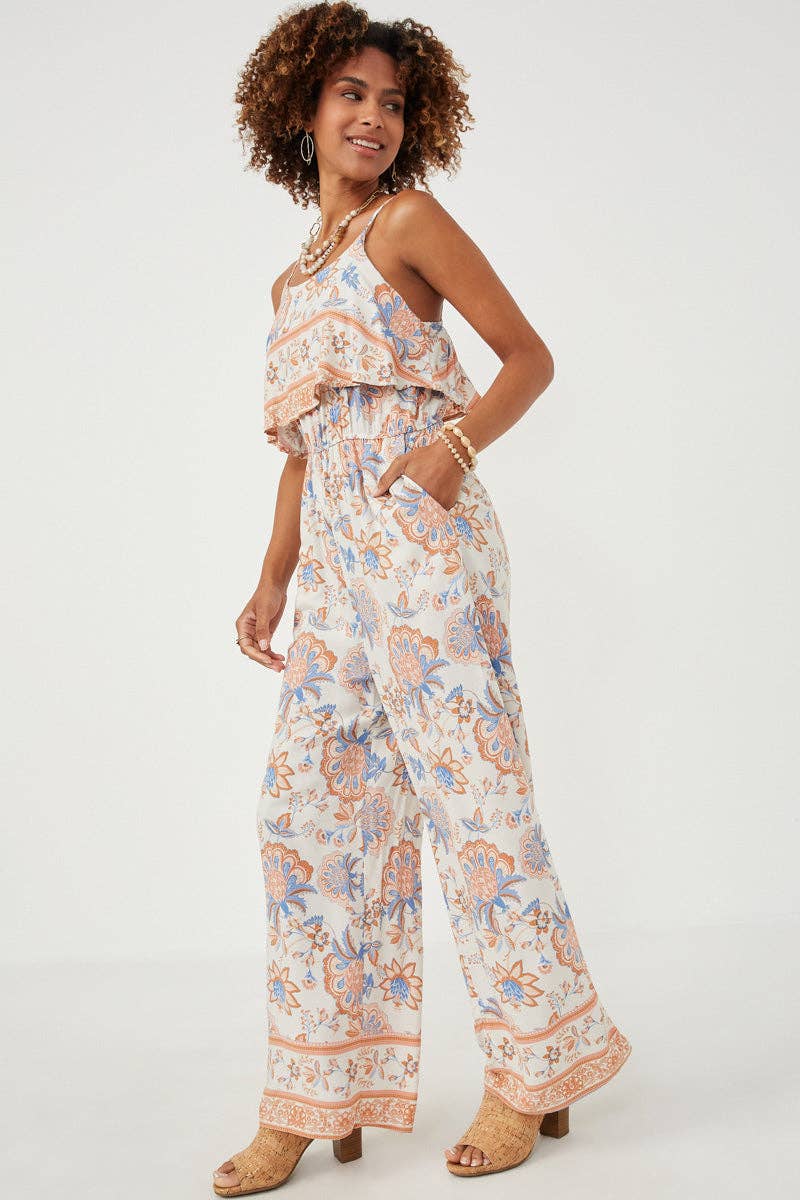 Womens Border Print Wide Leg Layered Jumpsuit