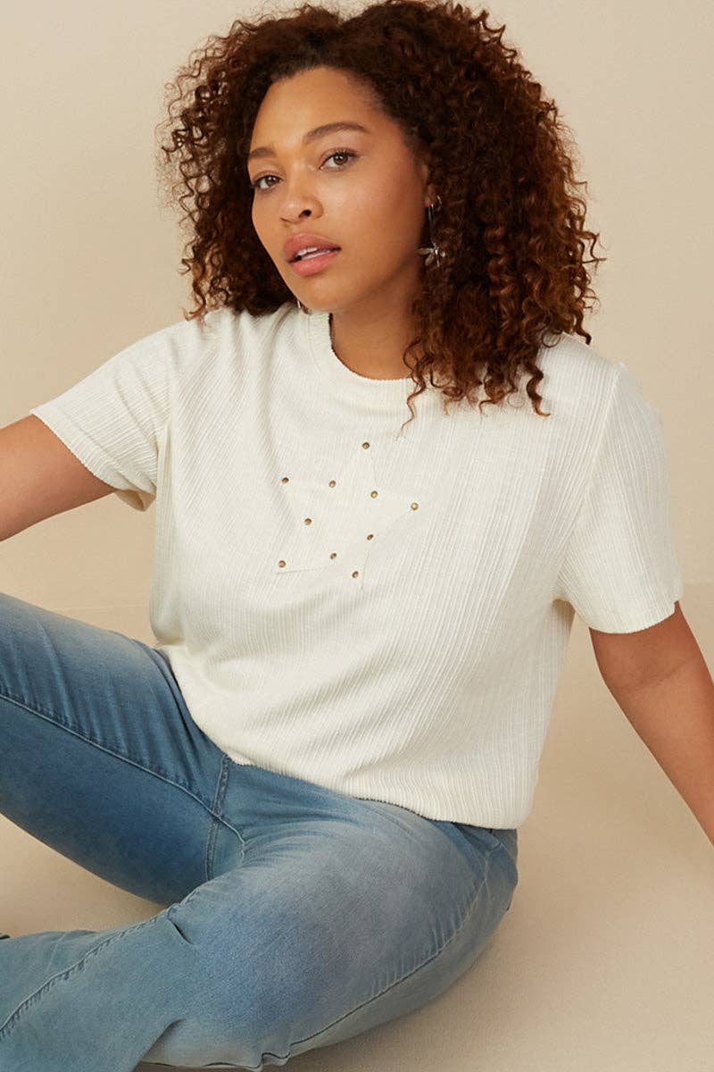Womens Studded Star Patch Textured Knit T Shirt