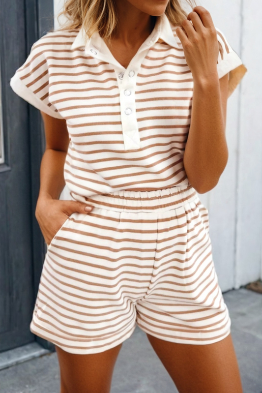 LAS Stripe Half Buttons Top and Shorts Set (S-XL)