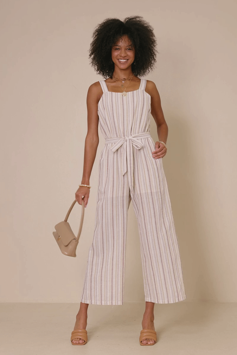 Womens Textured Striped Belted Sleeveless Jumpsuit