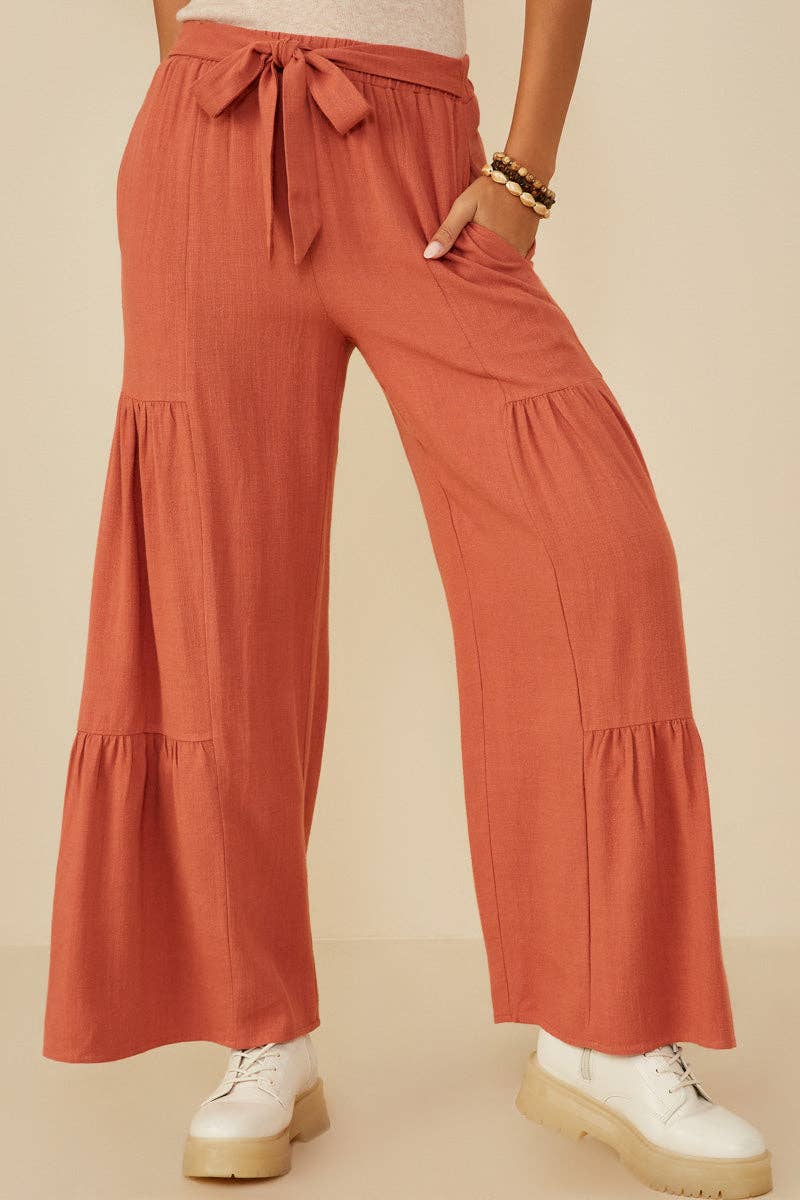 Womens Gathered Detail Belted Textured Wide Leg Pants