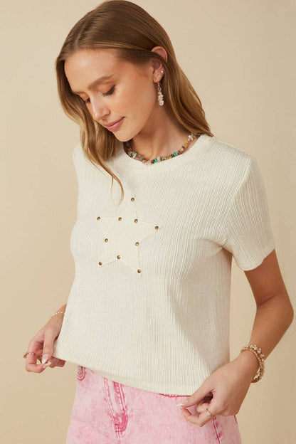 Womens Studded Star Patch Textured Knit T Shirt