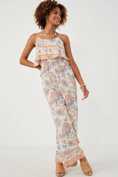 Womens Border Print Wide Leg Layered Jumpsuit