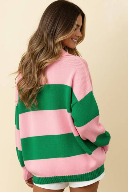 Plus Collared Stripe Color Block Sweater Knit Top