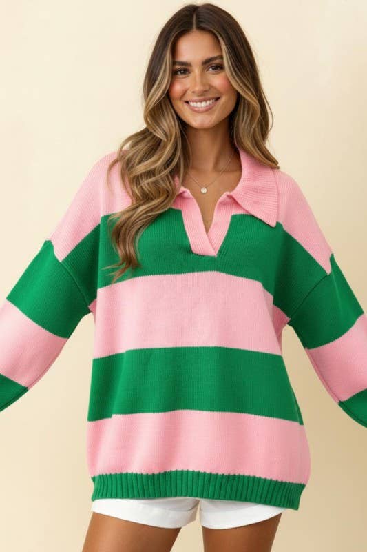 Plus Collared Stripe Color Block Sweater Knit Top