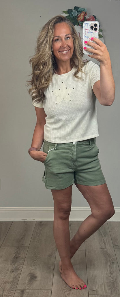 Womens Studded Star Patch Textured Knit T Shirt