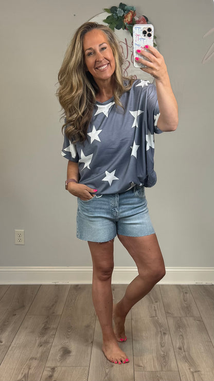 Round Neck Short Sleeve Star Print Knit Top
