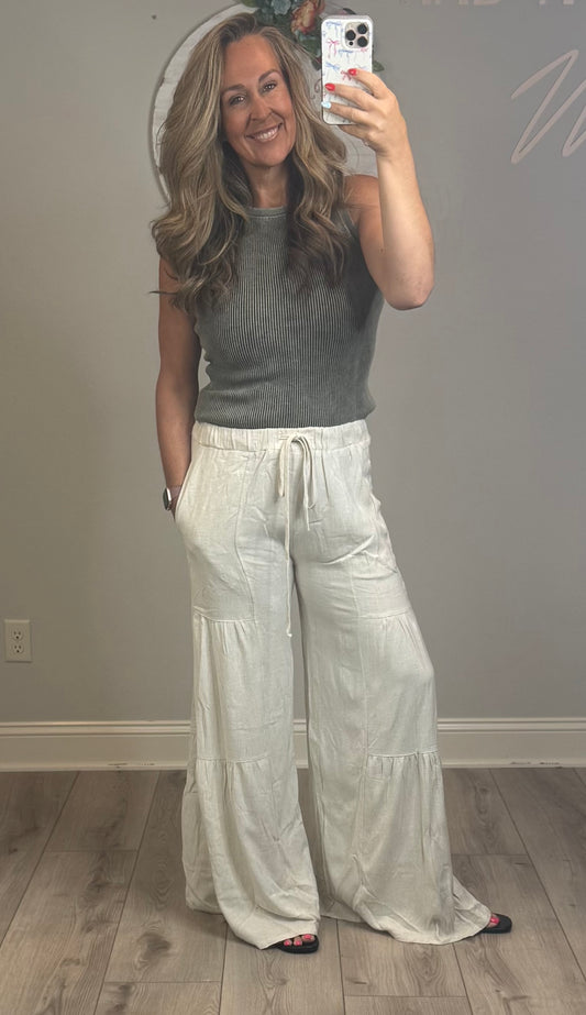 Linen Blend Tiered Wide Leg Palazzo Pants