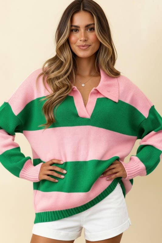 Collared Stripe Color Block Sweater Knit Top