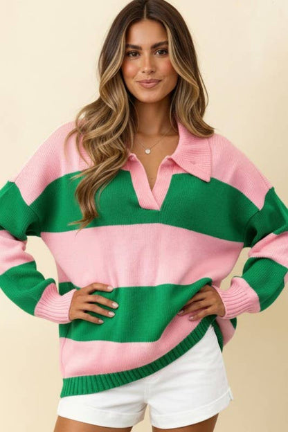 Collared Stripe Color Block Sweater Knit Top