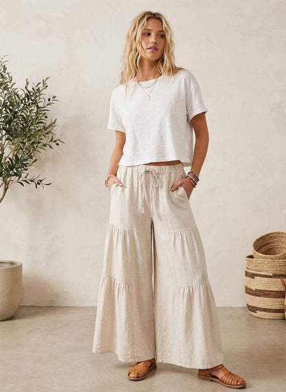 Linen Blend Tiered Wide Leg Palazzo Pants