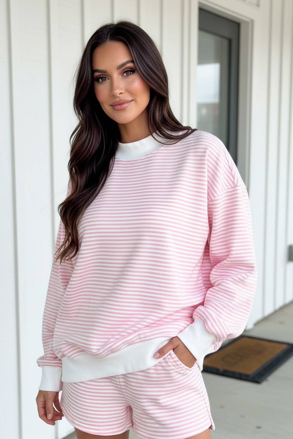 LAS Stripe Oversize Sweatshirt and Shorts Set (S-XL)