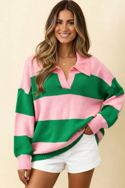 Plus Collared Stripe Color Block Sweater Knit Top